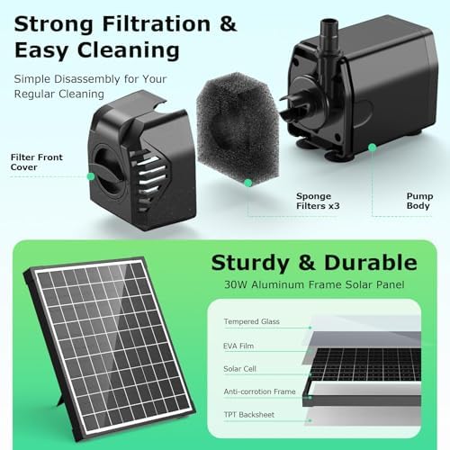 POPOSOAP Solar Fountain Pump 30W 430GPH 66FT Hose