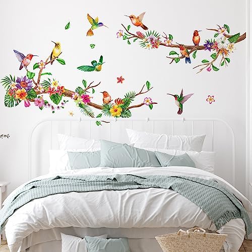 Zonon 6 Pcs Flowers Wall Decals with Dragonflies and Hummingbirds