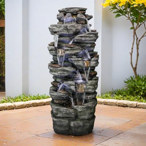 SunJet 472 Inch Multi-Tier Rock Water Fountain with LED Lights