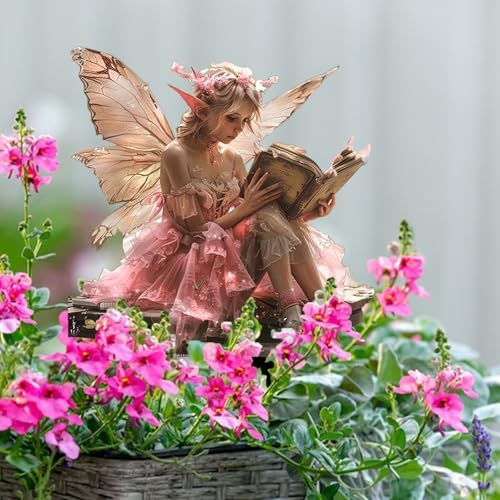 Fairy Garden Stake Decor Panel - Pink Fairy Reading a Book