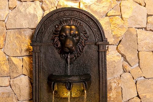 Lion Head Wall Fountain with LED Lights - Bronze