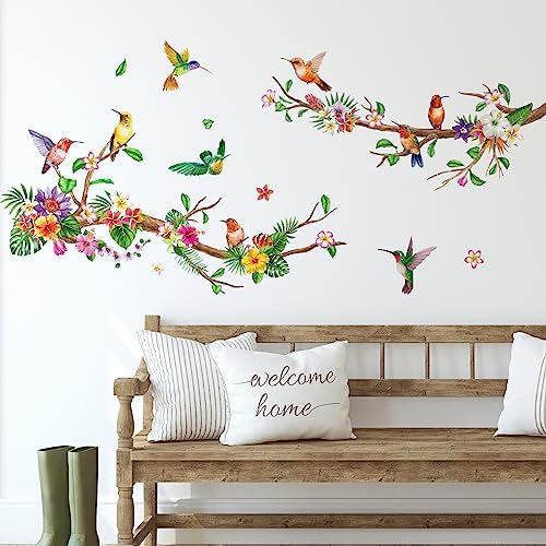 Zonon 6 Pcs Flowers Wall Decals with Dragonflies and Hummingbirds