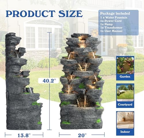 40 H 10-Tier Cascading Rock Water Fountain with LED Lights