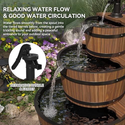 Aoxun 3-Tier Wood Barrel Water Fountain with Electric Pump