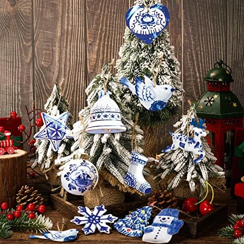 Meooeck 40 Piece Blue White Porcelain Wooden Christmas Ornament Set