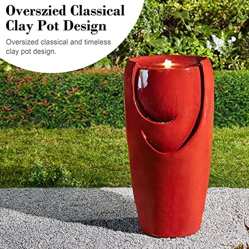Glitzhome Oversized Ceramic Fountain with LED Light and Pump Red