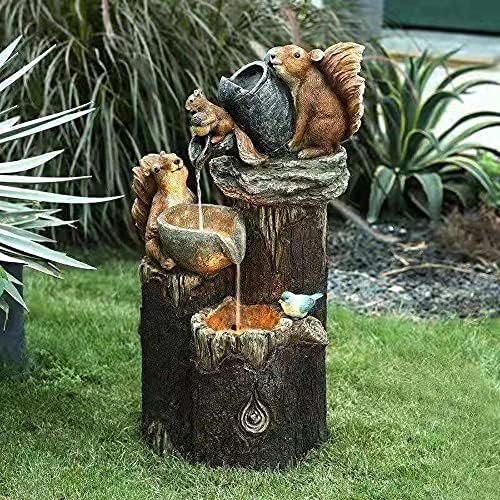 SUNESA Tabletop Fountain Resin Squirrel Family Outdoor Garden Decoration