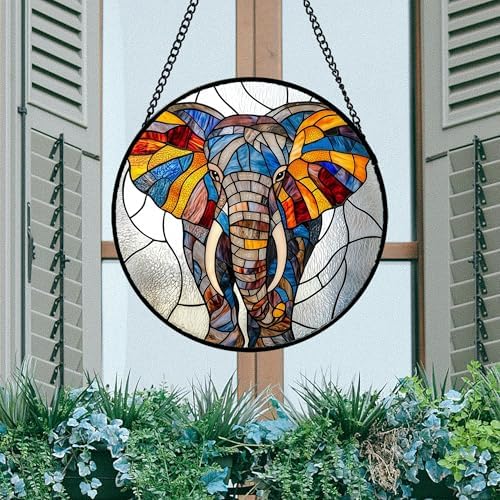 Colorful Elephant Stained Glass Window Hanging
