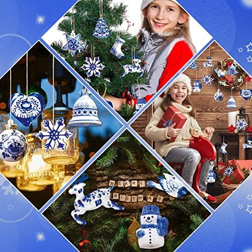 Meooeck 40 Piece Blue White Porcelain Wooden Christmas Ornament Set