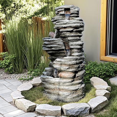 40 Inch LED Water Fountain with 5-Tier Rock Waterfall Design