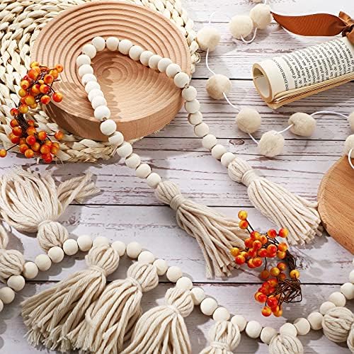 3 Piece Boho Tassel Garland with Wood Beads and Pom Poms