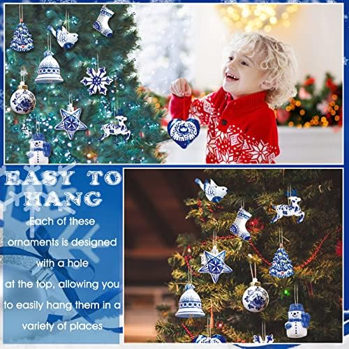 Meooeck 40 Piece Blue White Porcelain Wooden Christmas Ornament Set