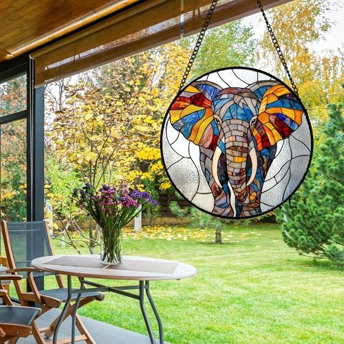 Colorful Elephant Stained Glass Window Hanging