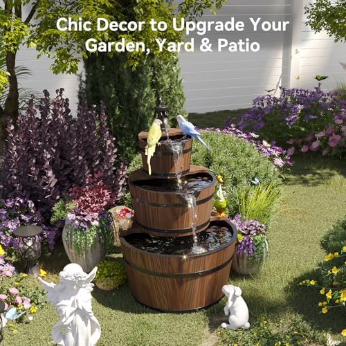 Aoxun 3-Tier Wood Barrel Water Fountain with Electric Pump