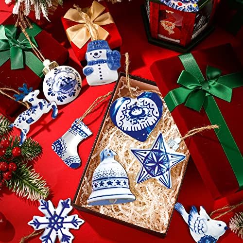 Meooeck 40 Piece Blue White Porcelain Wooden Christmas Ornament Set