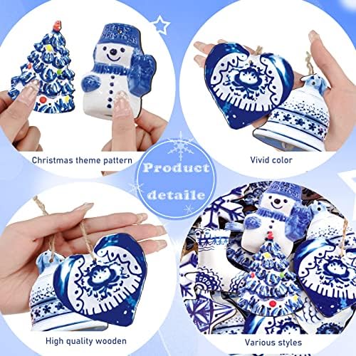 Meooeck 40 Piece Blue White Porcelain Wooden Christmas Ornament Set