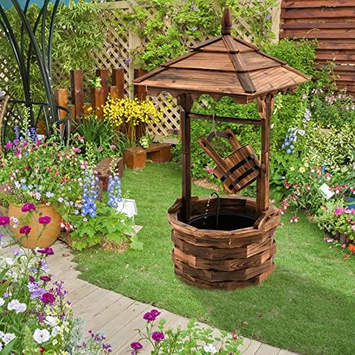 Giantex Rustic Wishing Well Fountain Outdoor Wooden Water Feature with Electric Pump