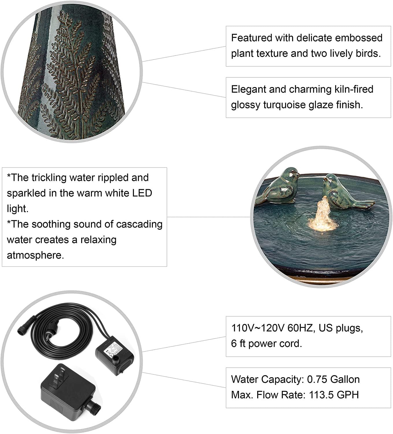 Glitzhome 275 Inch H Outdoor Garden Water Fountain with LED Light and Pump